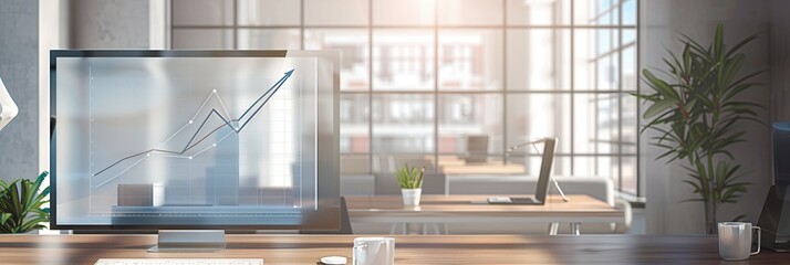 Leinwandbilder - A sleek office features large windows allowing sunlight, highlighting a computer display with a rising chart indicating business progress. Generative AI