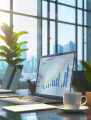 Leinwandbilder - Bright sunlight streams through large windows in a sleek office, highlighting a laptop displaying an upward growth chart alongside greenery and a coffee cup. Generative AI
