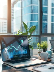 Poster - A sleek office features a laptop showing an upward graph, surrounded by plants and a coffee cup, with bright sunlight streaming through the large windows. Generative AI