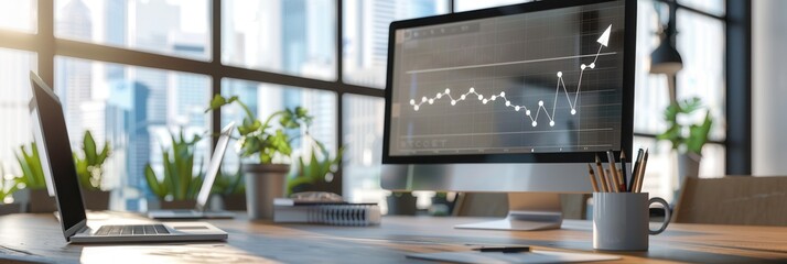 Fototapete - A contemporary office features large windows that allow ample natural light, showcasing a technology-focused workspace with sleek decor and data displays. Generative AI