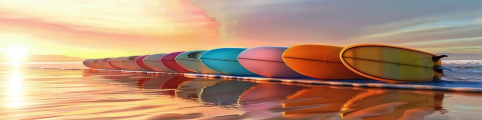 Wall Mural - Surfboards forming a colorful line on a sandy shore as the sun sets, creating a picturesque scene with reflections in the wet sand
