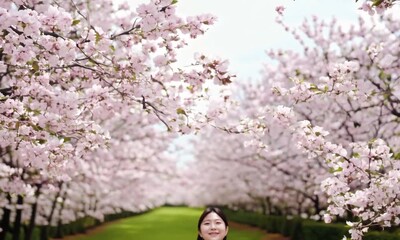 Poster - Smiling woman under blooming cherry blossom trees