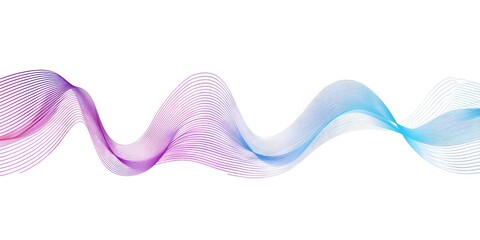 Colorful vector line art of sound waves on a white background, with light blue and purple lines forming smooth curved horizontal gradients in the simple, elegant style of a flat vector illustration wi