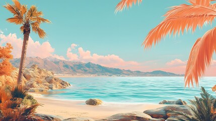 Sticker - Tropical Beach with Palm Trees and Mountains.