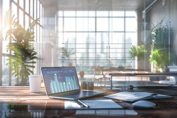 Leinwandbilder - A sleek, modern office features large windows allowing abundant natural light, with a laptop displaying data analytics on a stylish wooden desk. Generative AI