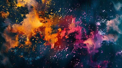 Wall Mural - A vibrant and colorful abstract artwork showcasing exploding paint splashes of orange, pink, and yellow against a dark background, representing energy and creativity.