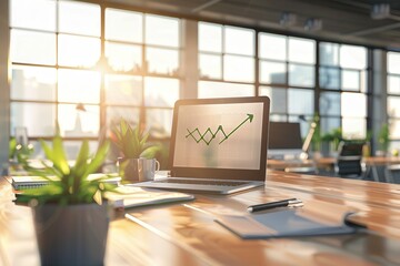 Leinwandbilder - A bright modern office features a sleek desk, laptop displaying a growth chart, and plants, emphasizing productivity and a collaborative atmosphere. Generative AI
