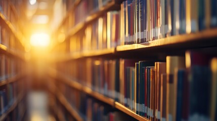 Poster - Sunlight Filtering Through Books on Shelves in a Library