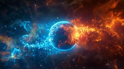 Wall Mural - an awe-inspiring image of a planet engulfed in fiery blue energy, grappling with cosmic forces in an