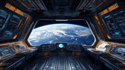 Poster - Spaceship Cockpit View of Earth with Digital Displays