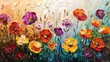 © Gia - A vibrant and textured painting of multicolored flowers in a field, showcasing a mix of purples, oranges, and yellows with visible palette knife strokes and bees flying around.