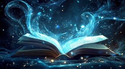 Poster - A Book Emitting Blue Magical Energy with Sparks Flying Out
