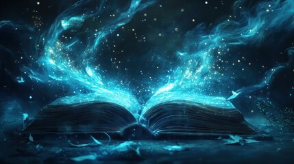 Poster - Open Book Glowing with Magical Blue Light and Particles