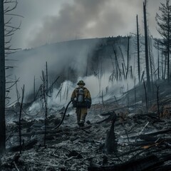 Firefighter battling a forest fire in the wilderness, smoke and destruction everywhere