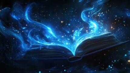Aufkleber - Open Book Emanating Glowing Blue Light Against a Starry Background