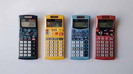 An image of four modern calculators in black, yellow, blue, and red colors placed on a white background, each screen displaying different numerical values for contrast.