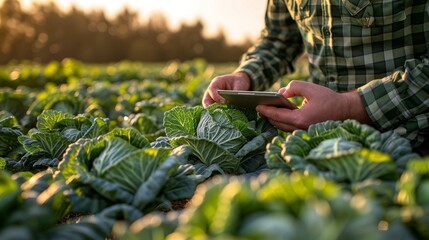 Wall Mural - Close up of a farmer holding a tablet and examining cabbage leaves in a vegetable garden at sunset