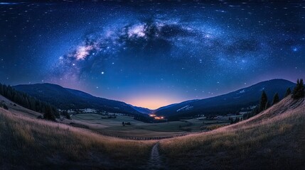 41. Astrophotography of the night sky over a serene valley, with stars shining brightly and the Milky Way visible overhead