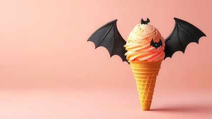 Ice cream cone with bat wings, Halloween treat, flat design illustration