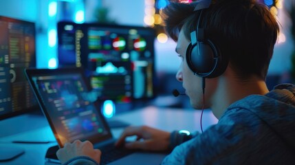 Poster - A person multitasking with a headset on, a laptop open, and a tablet displaying data