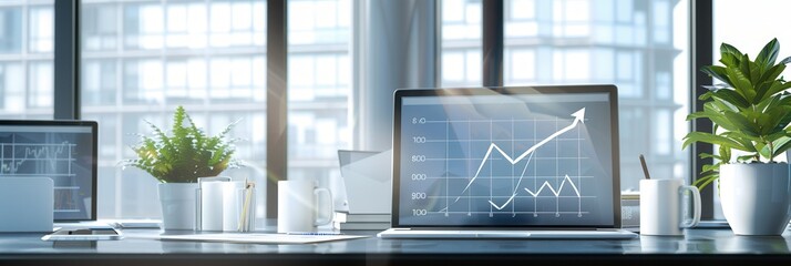 Leinwandbilder - A modern office features large windows, natural light, plants, and laptops displaying upward growth charts, creating an inspiring workspace. Generative AI