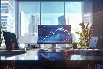 Poster - A modern office features large windows offering a view of the city and bright natural light illuminating the workspace filled with technology and greenery. Generative AI
