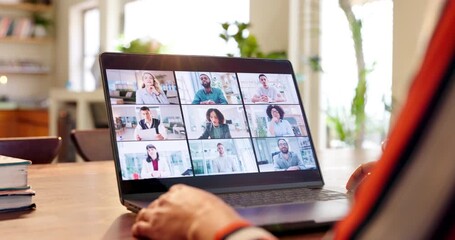 Canvas Print - Business woman, laptop and screen with video call for virtual meeting, online collaboration or interaction at home. Female person, hand and wave in remote work with computer for team communication