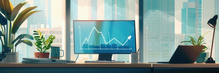 Poster - Stylish office features large windows, plants, and a computer displaying business growth charts, creating a productive and inviting work environment. Generative AI