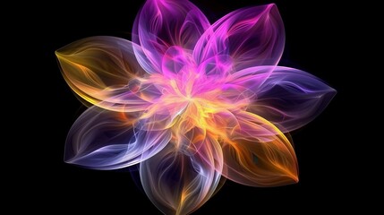 Wall Mural - A bright and vibrant digital flower composed of glowing layers in purple, pink, and yellow shades, creating a radiant and captivating visual effect.