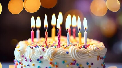 Wall Mural - Birthday cake with candles, blur bokeh lights background