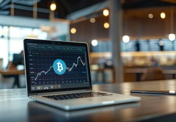 Aufkleber - Laptop displaying an AI-generated digital crypto chart with the Bitcoin logo on its screen, set against a blurred background of business office space. Scene conveys high-tech and financial elements