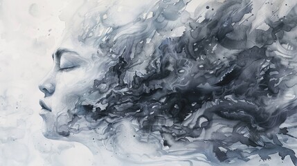 Wall Mural - This image features a grayscale abstract watercolor with fluid, dynamic shapes and textures, creating a sense of movement and energy while maintaining a monochrome palette.