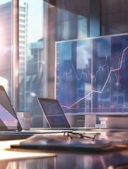 Leinwandbilder - A sleek office features large windows flooding the space with natural light, highlighting technology and data analysis displayed on screens. Generative AI