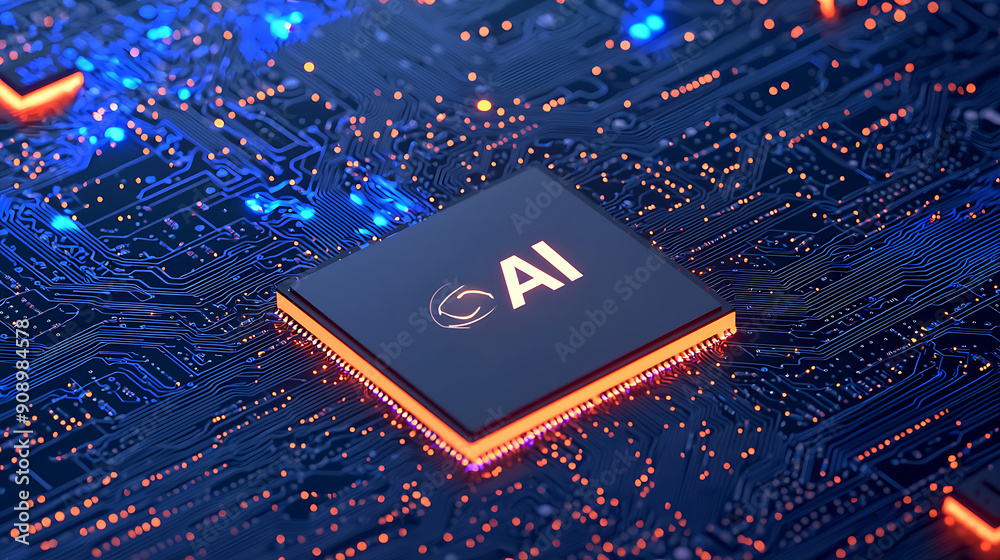 AI, artificial intelligence, powerful computer processor microchip with the word representing artificial intelligence, AI technology