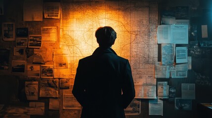 Sticker - A man stands in front of a wall covered in papers and maps