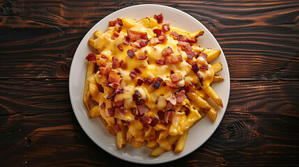 Wall Mural - Plate of golden crispy french fries covered with melted cheddar cheese and bacon bits, served on a wooden table