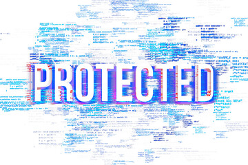 Poster - PROTECTED text overlaid on a background of blue and red code snippets. Concept of digital security on white background. 3D Rendering