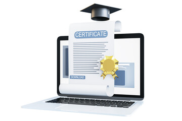 Digital certificate emerging from a laptop screen, adorned with a golden seal and a graduation cap, on a white background. Concept of online education and success. 3D Rendering