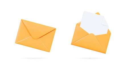 Poster - 3d yellow envelopes icon set. open and close letters. subscribe to newsletter. email message. send p