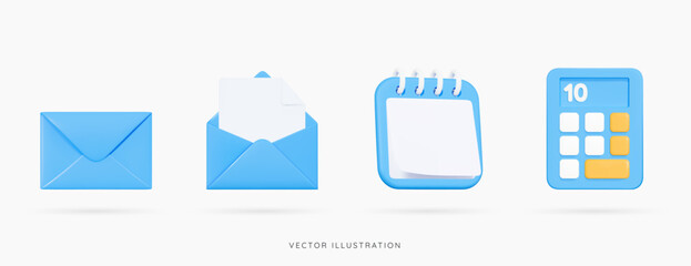 Poster - 3d set of blue office icons. open and close mail envelopes. calendar and calculator. email notificat