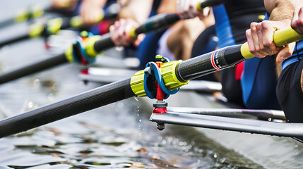 A close up of the oars and rowers in action during an outdoor race