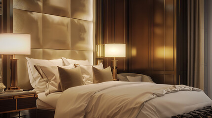 Luxury bedroom, gold, white, brown,  soft lighting,  evoking relaxation and tranquility, perfect for interior design and hotel marketing. 