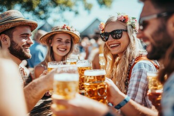 Wall Mural - Oktoberfest celebration - family in traditional Bavarian attire, including lederhosen and dirndls, smiling and toasting with beer mugs at festival, German tradition and tourism destination