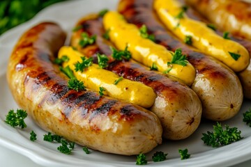 Oktoberfest meal dish on a white plate of traditional Bavarian sausages with mustard, garnished with parsley, on a white plate