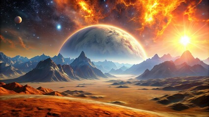 Wall Mural - Space landscape on alien planet with towering mountains and a blazing sun , alien, planet, space, landscape, mountains