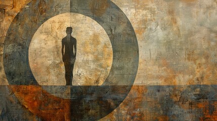 Poster - Geometric human figure with intersecting lines and shapes in earthy tones