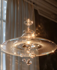 Poster - A ufo hanging lamp made from crystals like clear quartz and diamonds. There are spirals of crystals hanging from the lamp, creating a mesmerizing visual effect combined with the glowing ufo lamp.