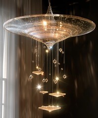 Wall Mural - A ufo hanging lamp made from crystals like clear quartz and diamonds. There are spirals of crystals hanging from the lamp, creating a mesmerizing visual effect combined with the glowing ufo lamp.