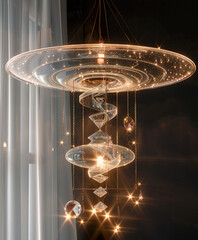 Poster - A ufo hanging lamp made from crystals like clear quartz and diamonds. There are spirals of crystals hanging from the lamp, creating a mesmerizing visual effect combined with the glowing ufo lamp.