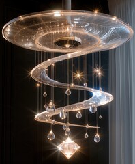 Wall Mural - A ufo hanging lamp made from crystals like clear quartz and diamonds. There are spirals of crystals hanging from the lamp, creating a mesmerizing visual effect combined with the glowing ufo lamp.